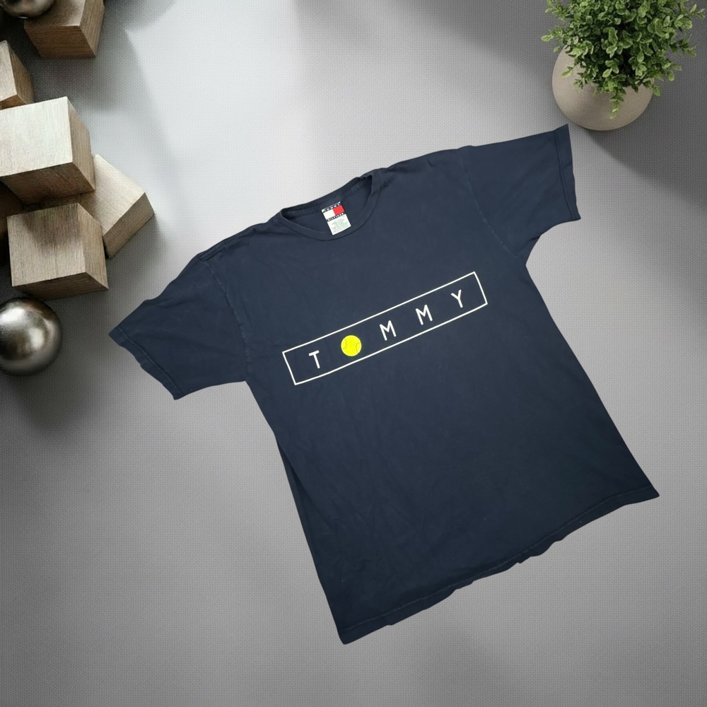 Vintage Tommy Hilfiger Tennis Graphic T-Shirt Navy Blue Mens Large 90s Y2K Boxy - Picture 1 of 7